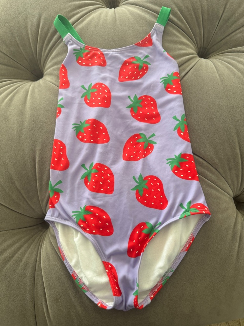 Mini Boden Purple Swimsuit with Red Strawberry Print and Green Straps